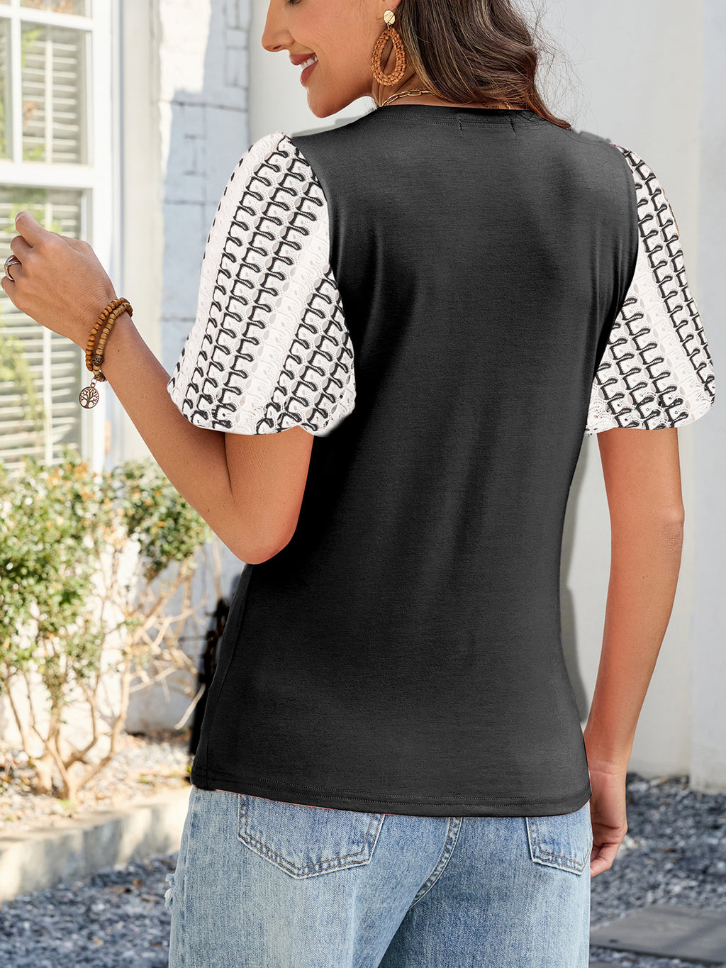 Women's Puff Short Sleeve Shirts Dressy Lace Summer Tops