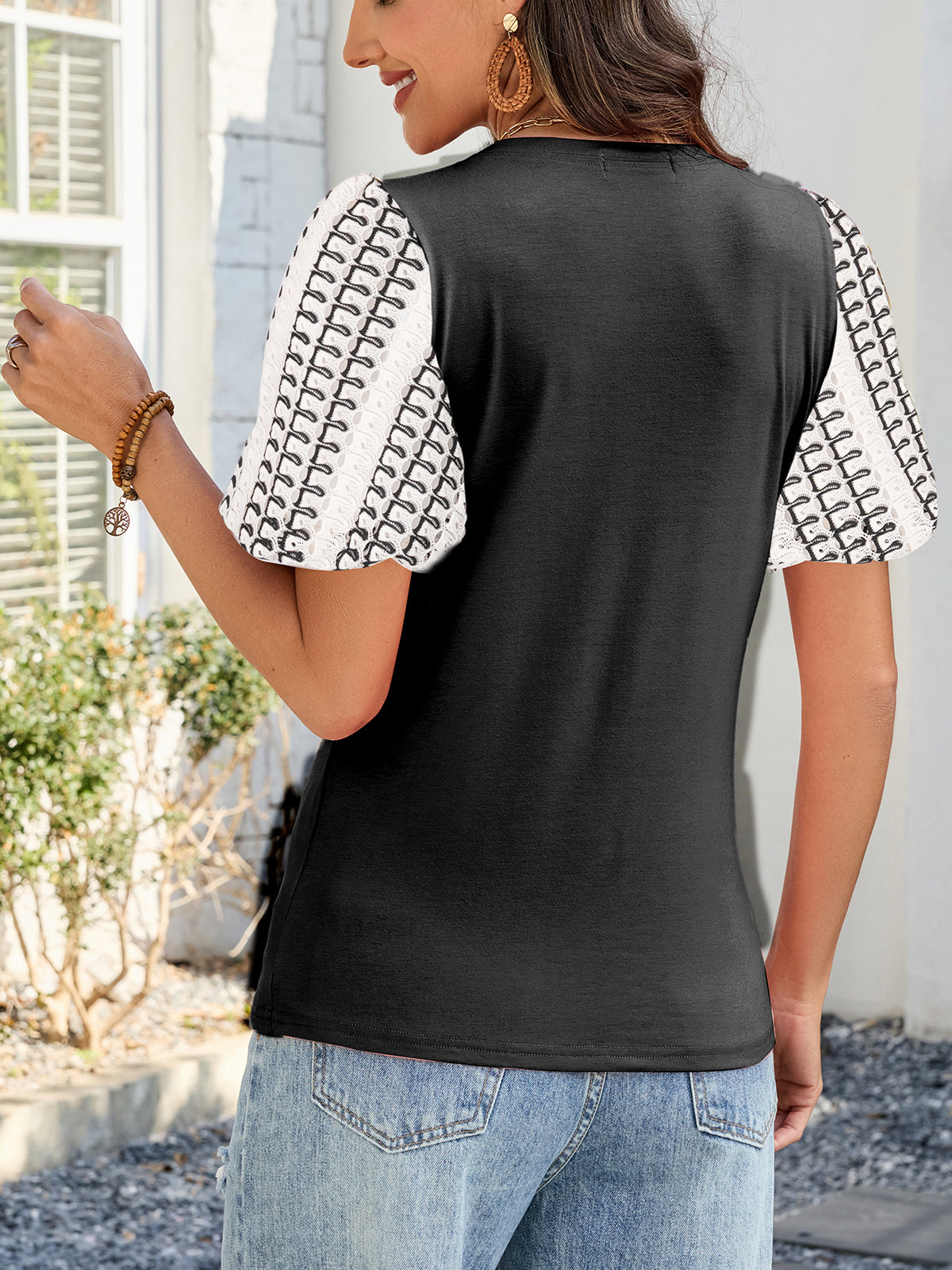 Women's Puff Short Sleeve Shirts Dressy Lace Summer Tops