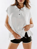Polo Shirts for Women Summer Casual V Neck Collared Shirt Cap Sleeve Tops with Side Slit Hem Breathable Tunics
