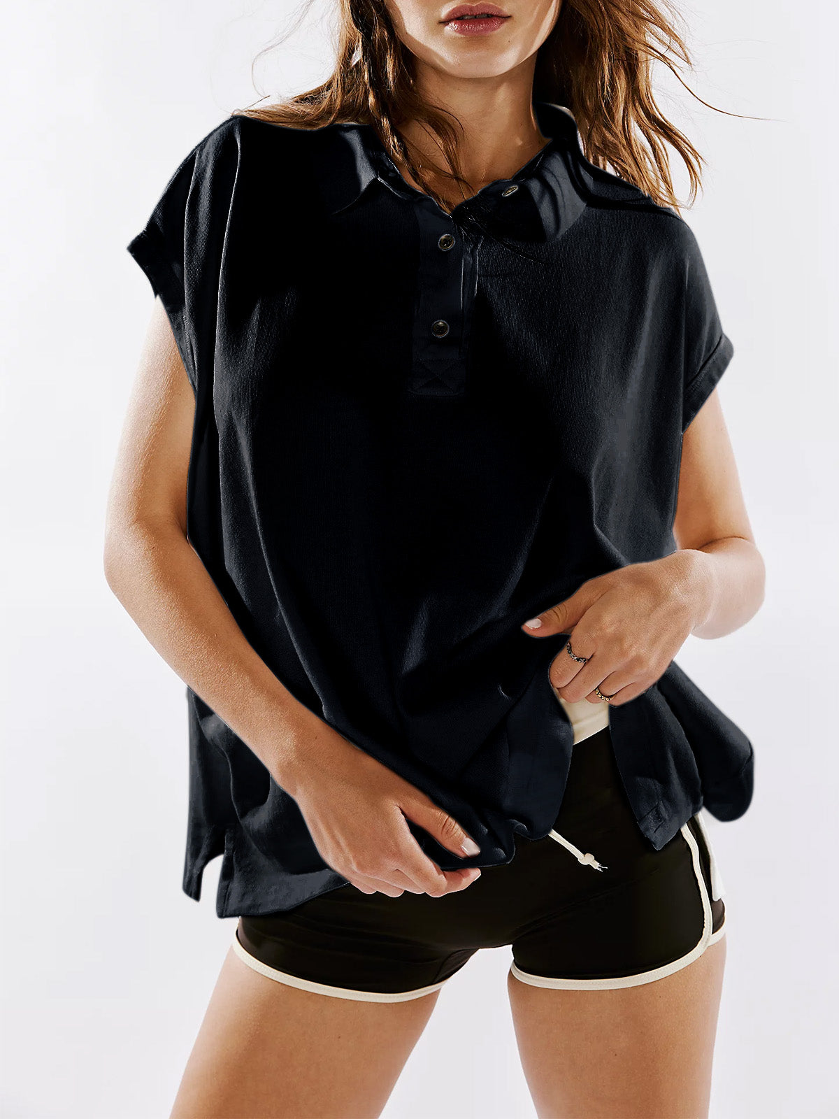 Polo Shirts for Women Summer Casual V Neck Collared Shirt Cap Sleeve Tops with Side Slit Hem Breathable Tunics