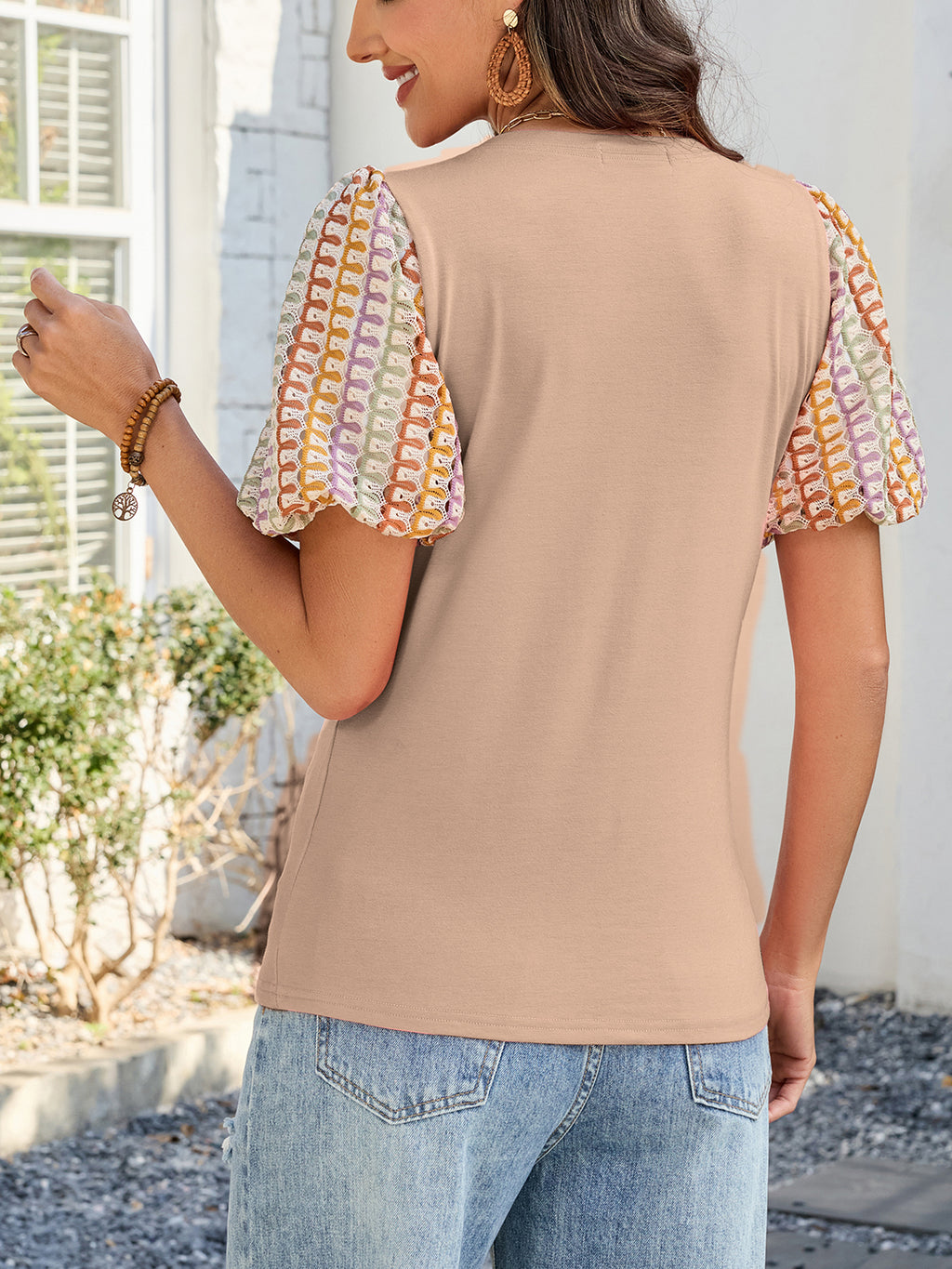 Women's Puff Short Sleeve Shirts Dressy Lace Summer Tops