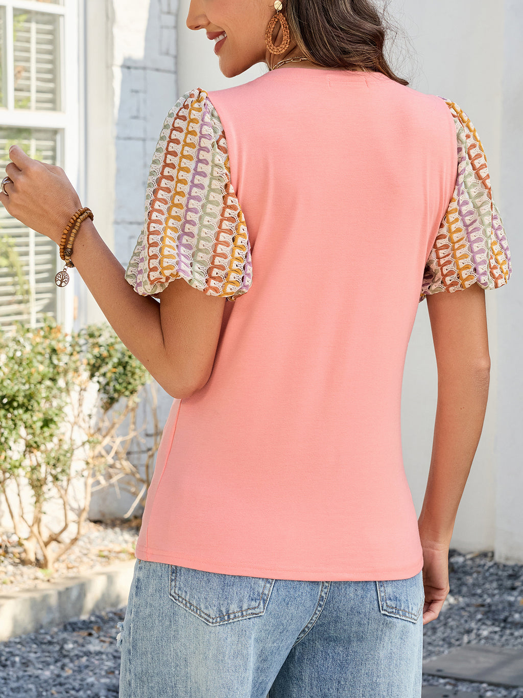 Women's Puff Short Sleeve Shirts Dressy Lace Summer Tops