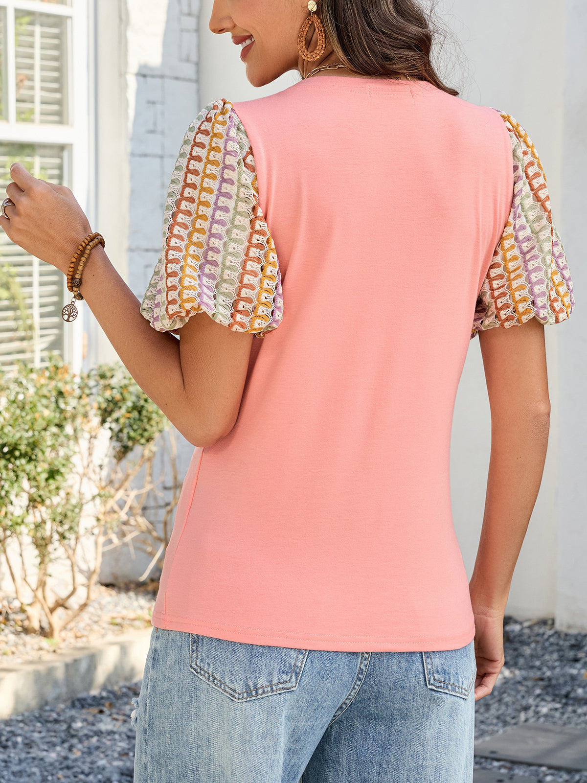 Women's Puff Short Sleeve Shirts Dressy Lace Summer Tops