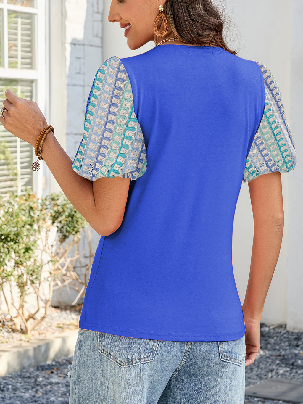 Women's Puff Short Sleeve Shirts Dressy Lace Summer Tops