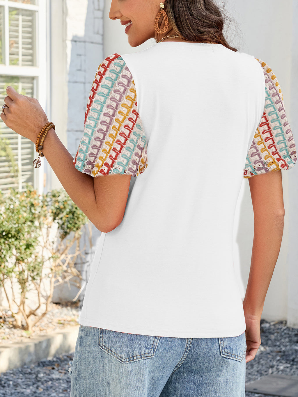 Women's Puff Short Sleeve Shirts Dressy Lace Summer Tops