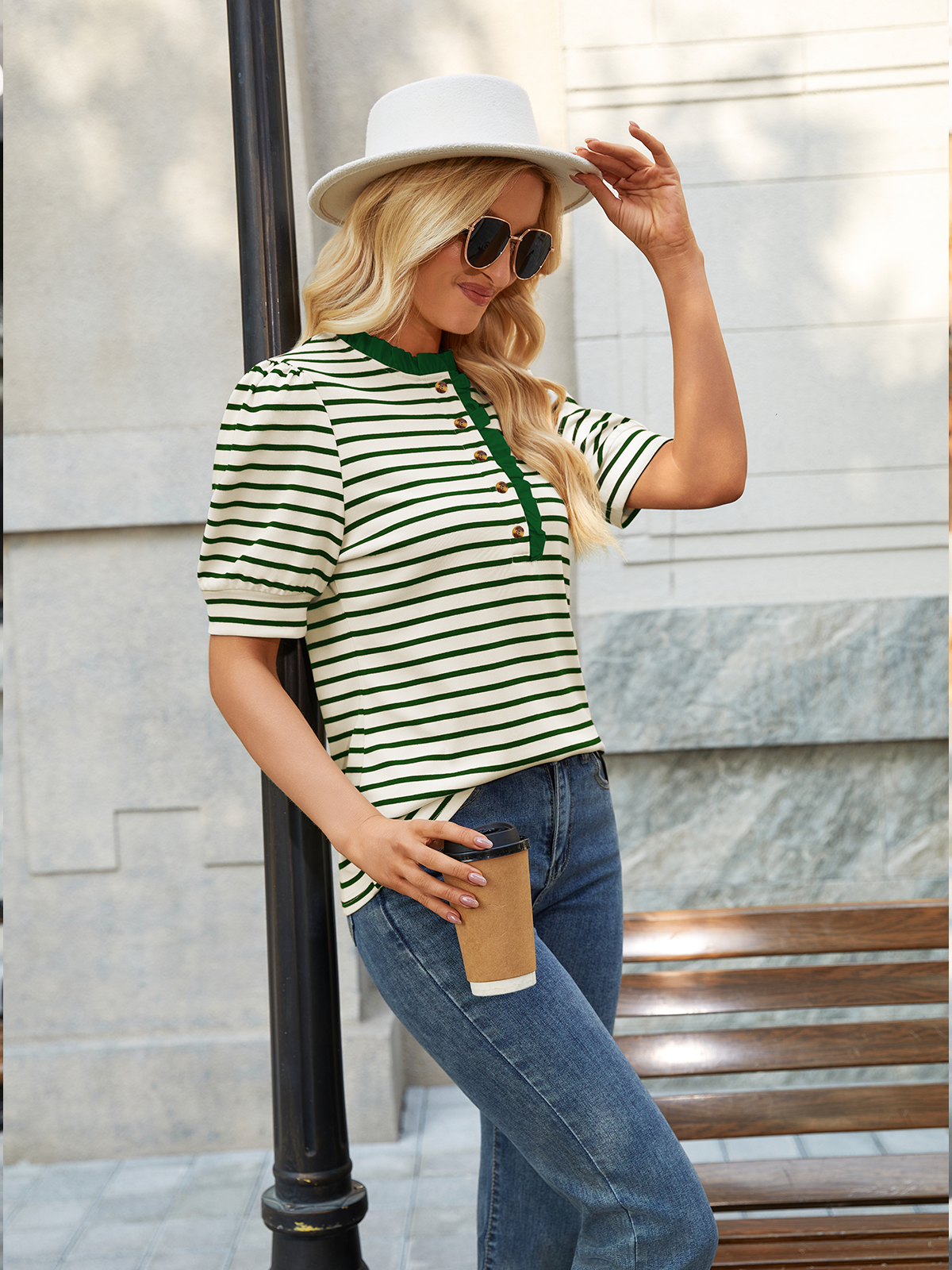 Womens Half Button Down Shirts Ruffle Striped Work Tops