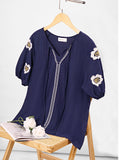 Women's Summer Tops Floral Embroidered Puff Short Sleeve Shirts V Neck Boho Tunic Casual Blouse