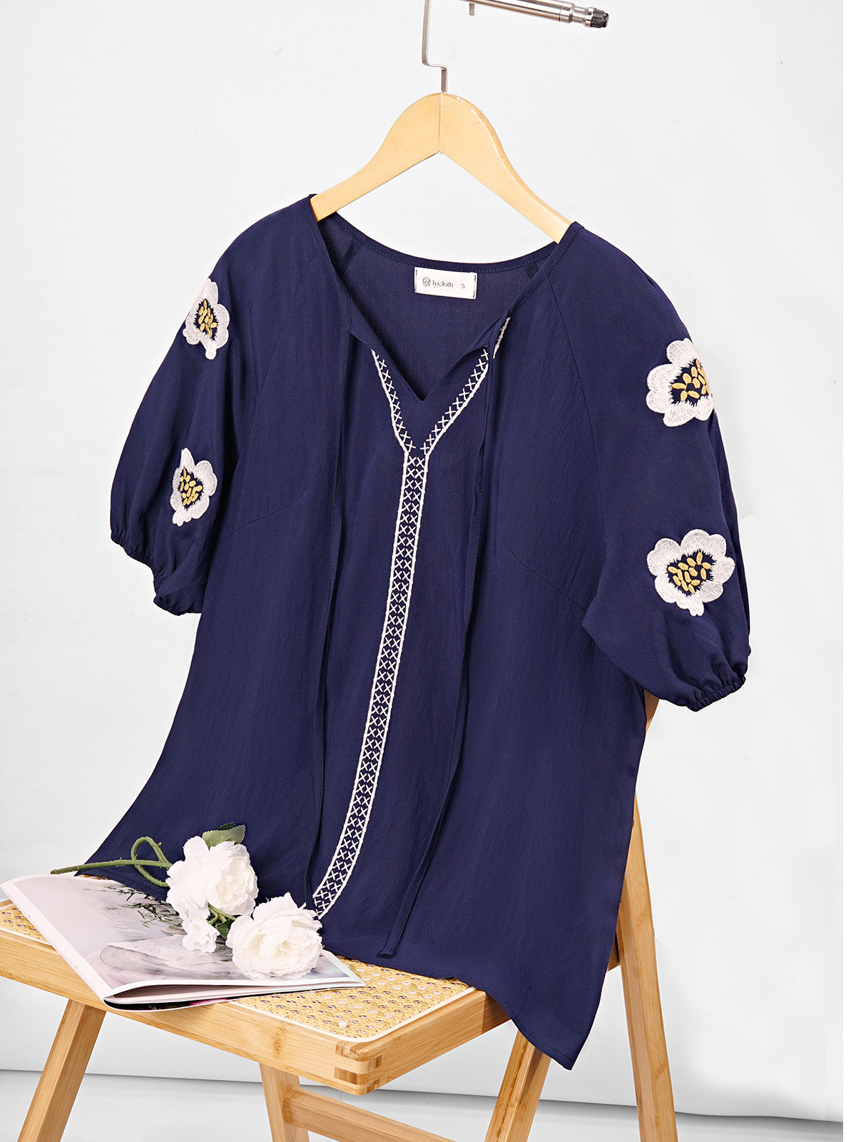 Women's Summer Tops Floral Embroidered Puff Short Sleeve Shirts V Neck Boho Tunic Casual Blouse
