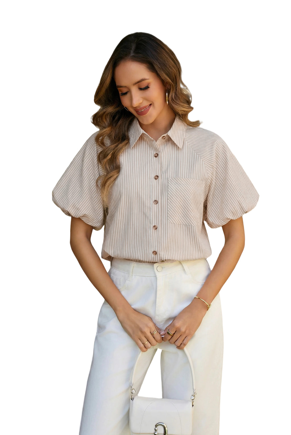 Women's Striped Button Down Shirts Summer Puff Short Sleeve Tops Relaxed Fit Blouses for Women Dressy Casual