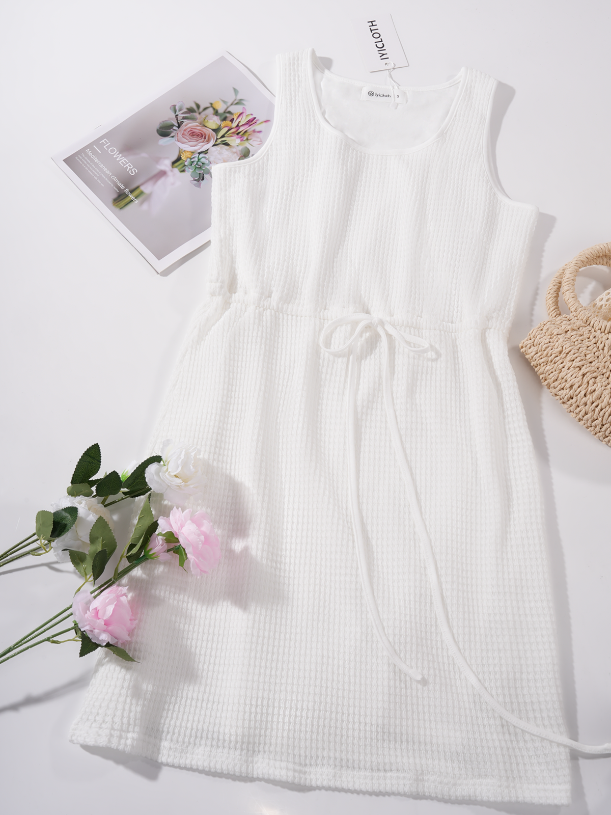 Women's Summer Dressy Casual Mini Dress Elastic Waist Beach Vacation Waffle Knit Tank Dreses