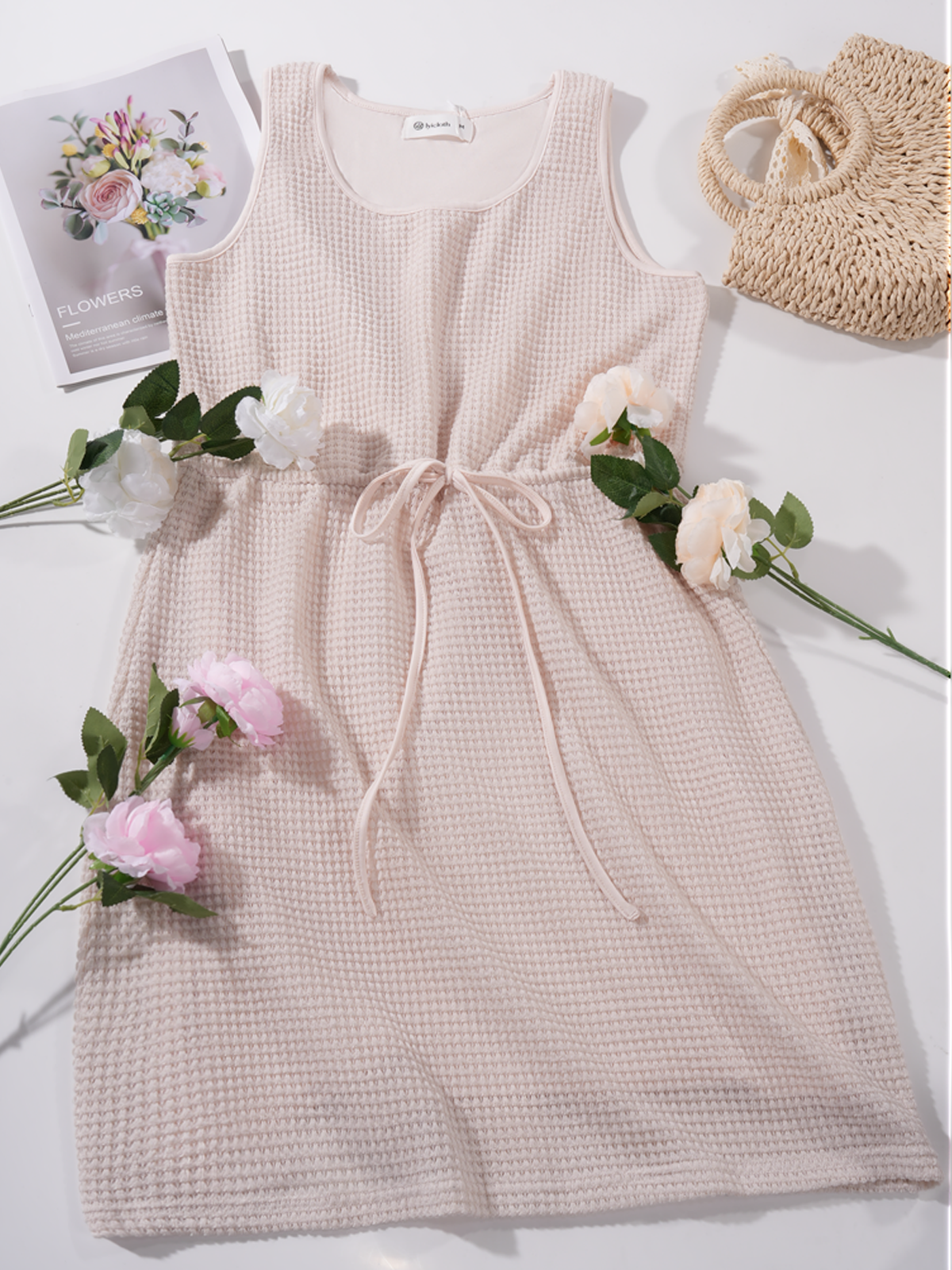 Women's Summer Dressy Casual Mini Dress Elastic Waist Beach Vacation Waffle Knit Tank Dreses