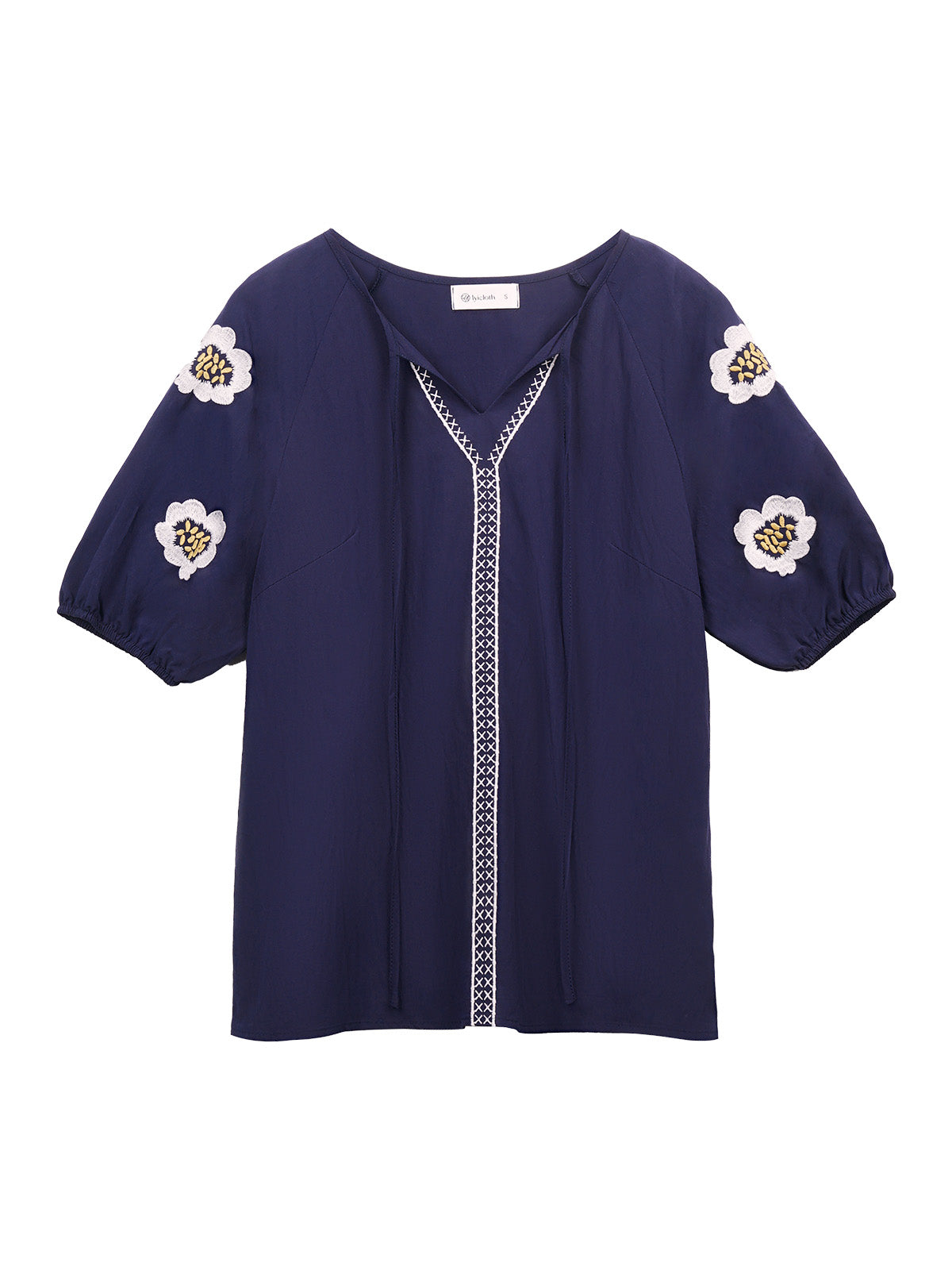 Women's Summer Tops Floral Embroidered Puff Short Sleeve Shirts V Neck Boho Tunic Casual Blouse