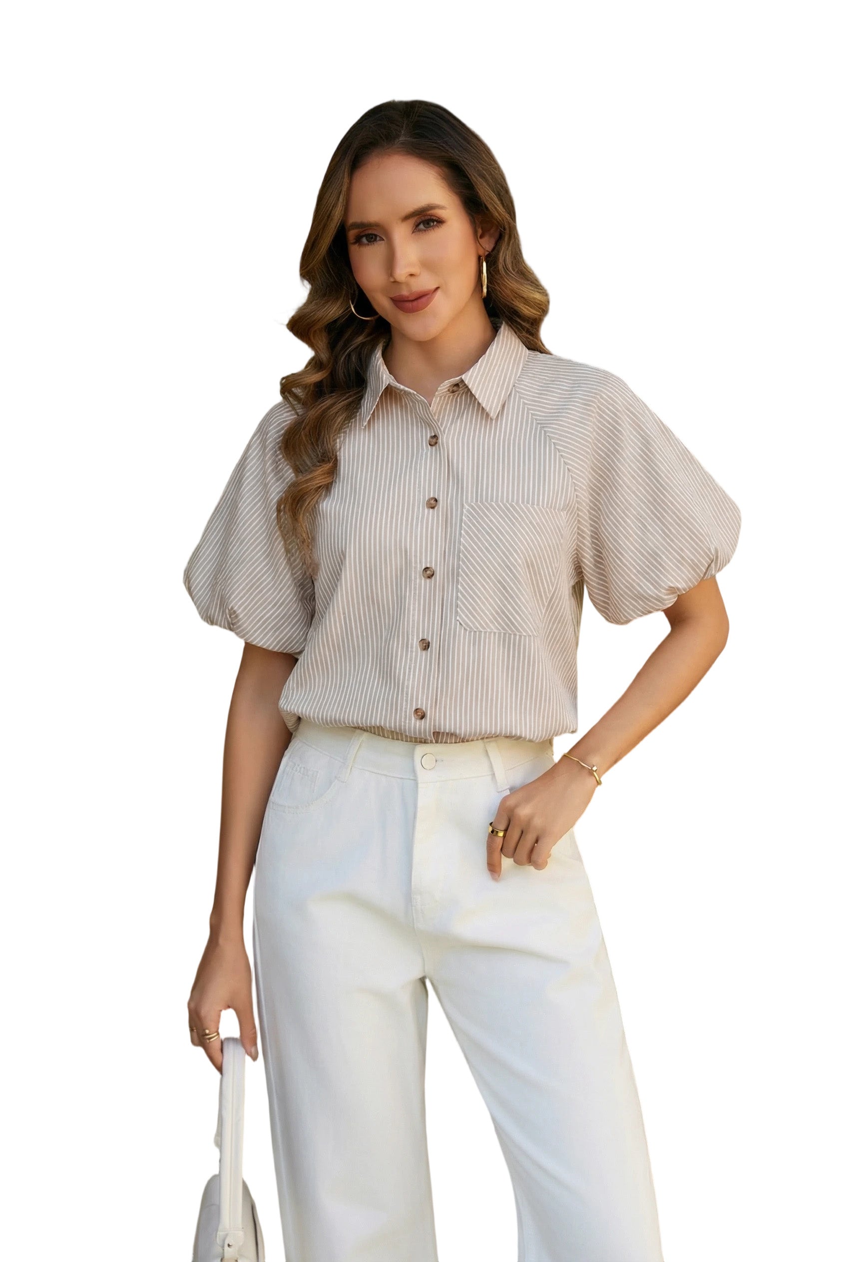 Women's Striped Button Down Shirts Summer Puff Short Sleeve Tops Relaxed Fit Blouses for Women Dressy Casual