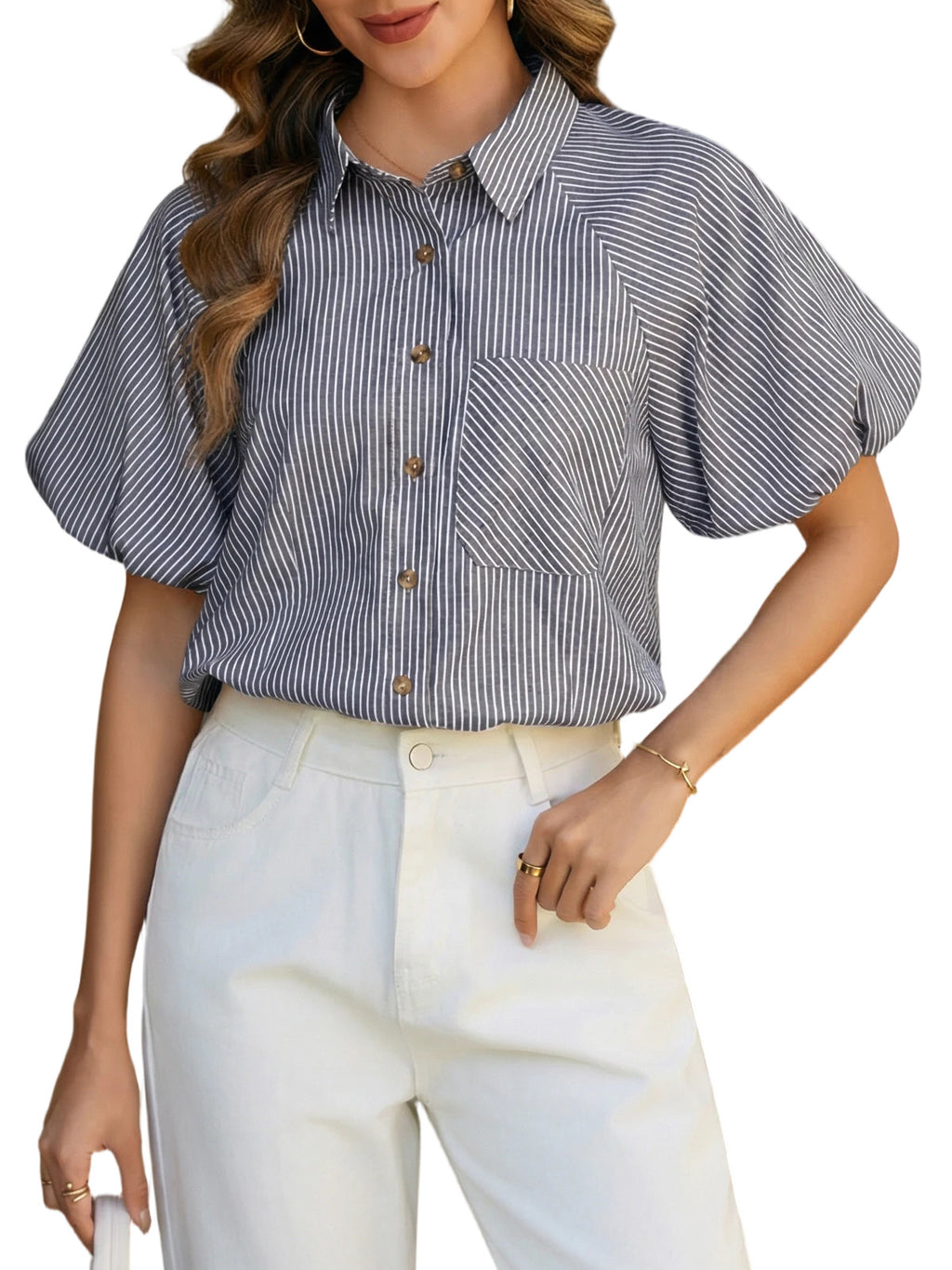 Women's Striped Button Down Shirts Summer Puff Short Sleeve Tops Relaxed Fit Blouses for Women Dressy Casual