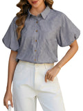 Women's Striped Button Down Shirts Summer Puff Short Sleeve Tops Relaxed Fit Blouses for Women Dressy Casual