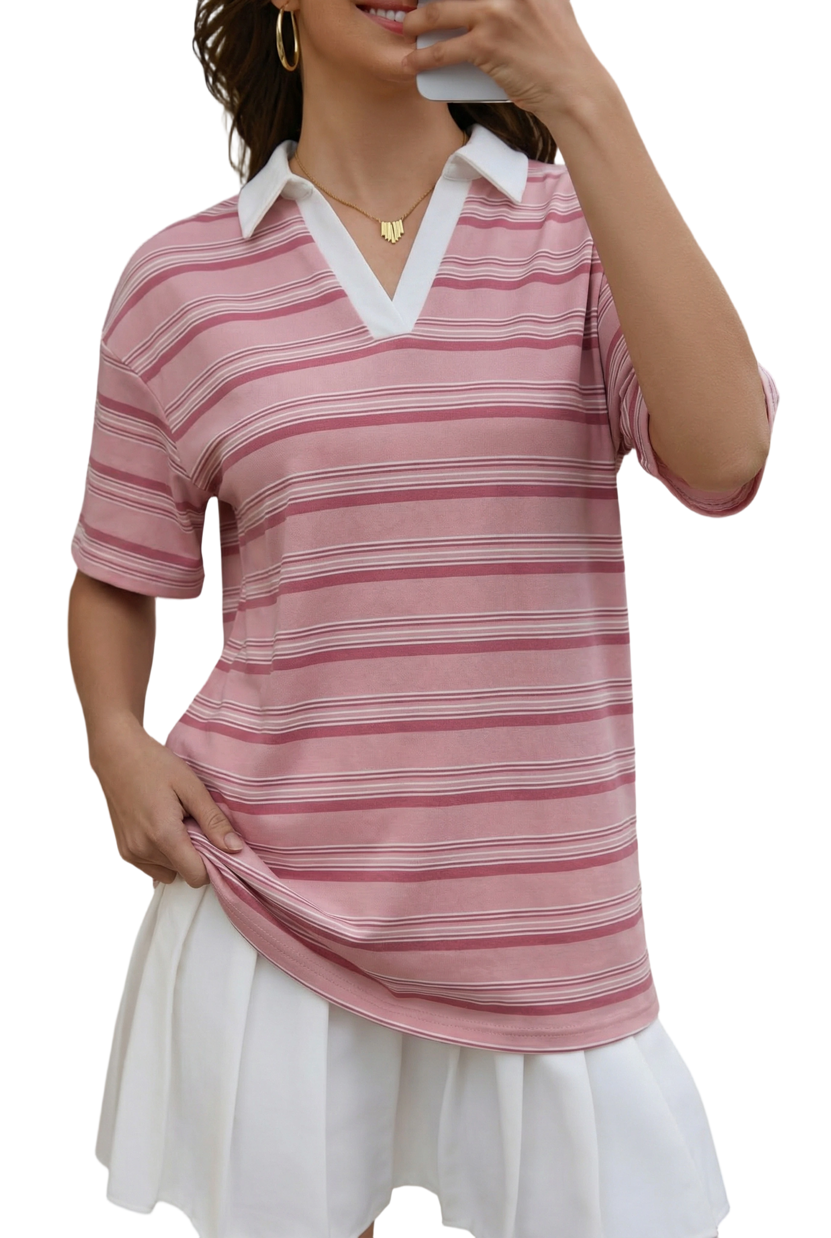 Women's Raglan Short Sleeve Striped T Shirts Loose Fit V-Neck Polo Shirt Summer Casual Tee