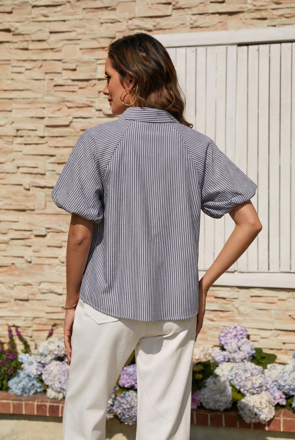 Women's Striped Button Down Shirts Summer Puff Short Sleeve Tops Relaxed Fit Blouses for Women Dressy Casual