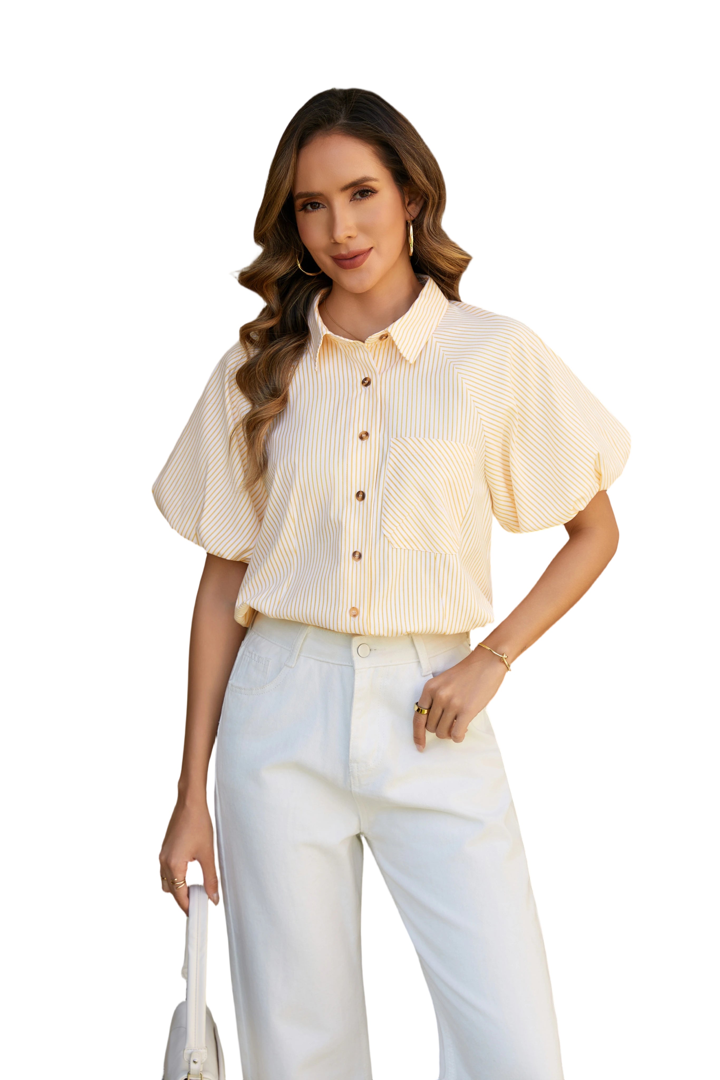 Women's Striped Button Down Shirts Summer Puff Short Sleeve Tops Relaxed Fit Blouses for Women Dressy Casual