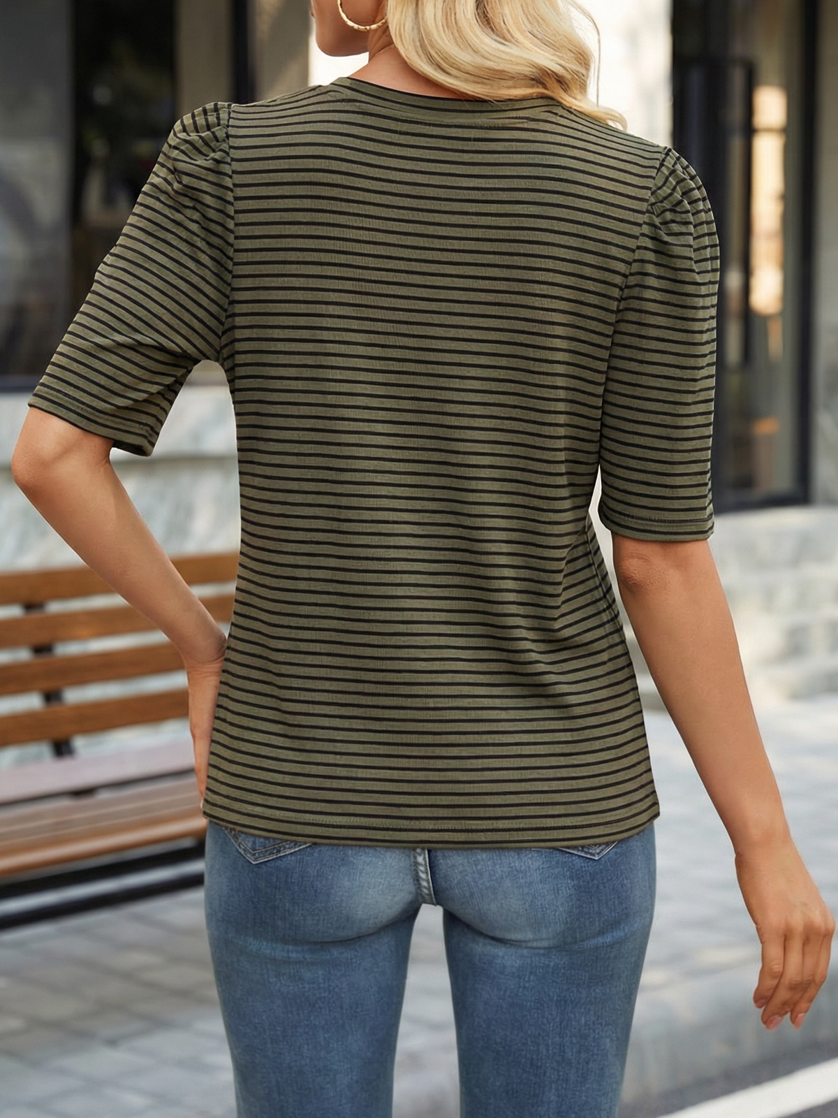 Women Puff Short Sleeve Striped T-Shirt Summer Casual Crewneck Pleated Sleeve Tops