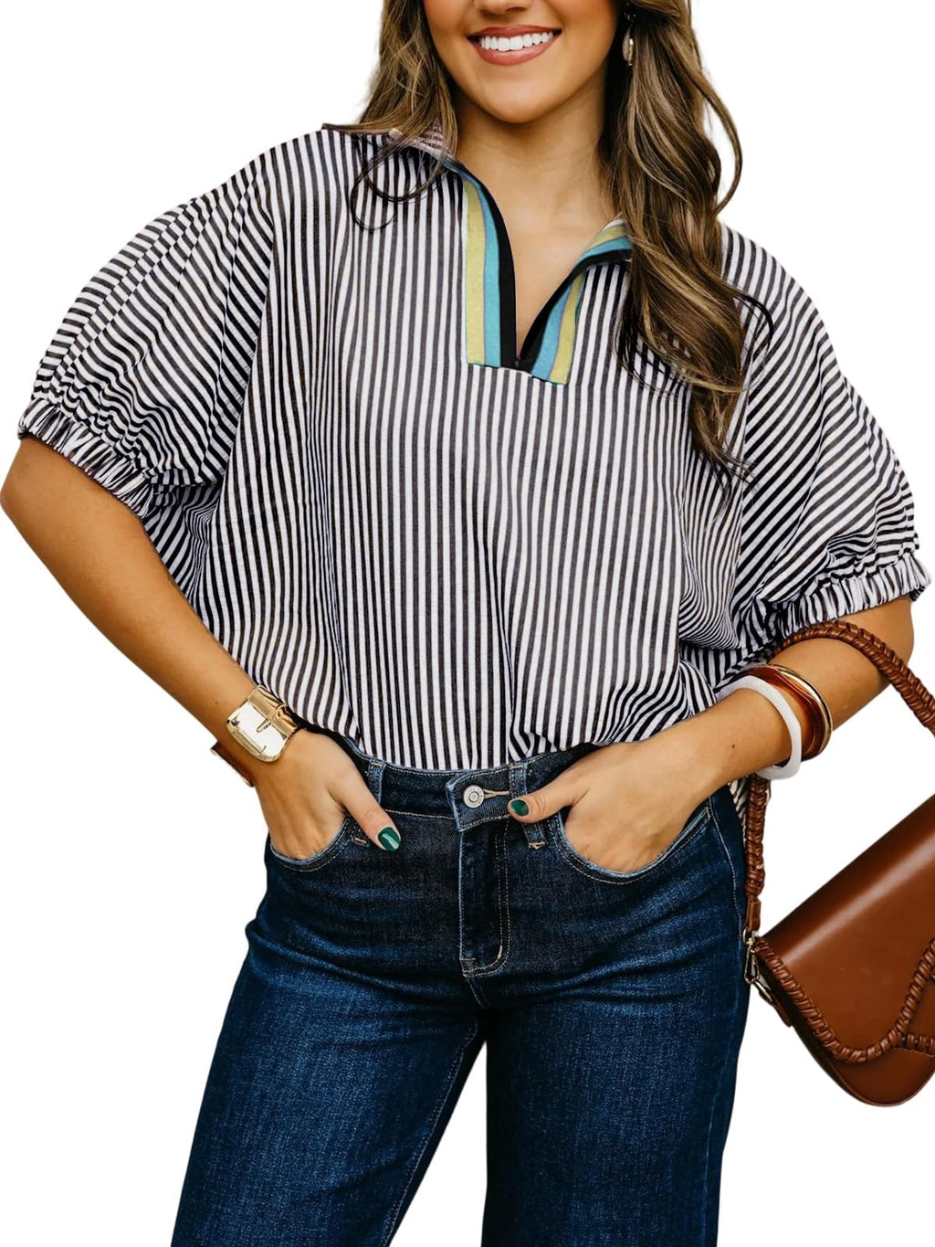 Women's Batwing Dolman Sleeve Top Summer Casual V Neck Striped Collared Shirt Oversized Blouses