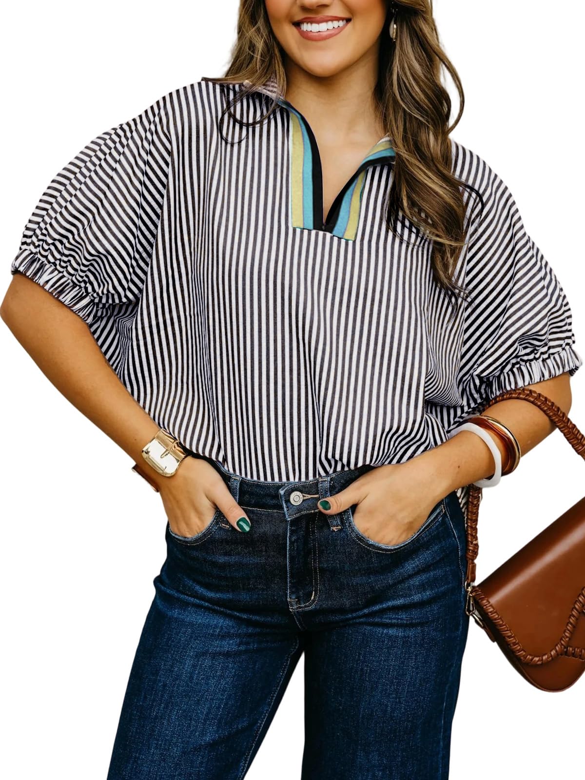 Women's Batwing Dolman Sleeve Top Summer Casual V Neck Striped Collared Shirt Oversized Blouses