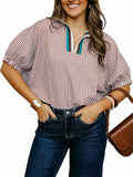 Women's Batwing Dolman Sleeve Top Summer Casual V Neck Striped Collared Shirt Oversized Blouses