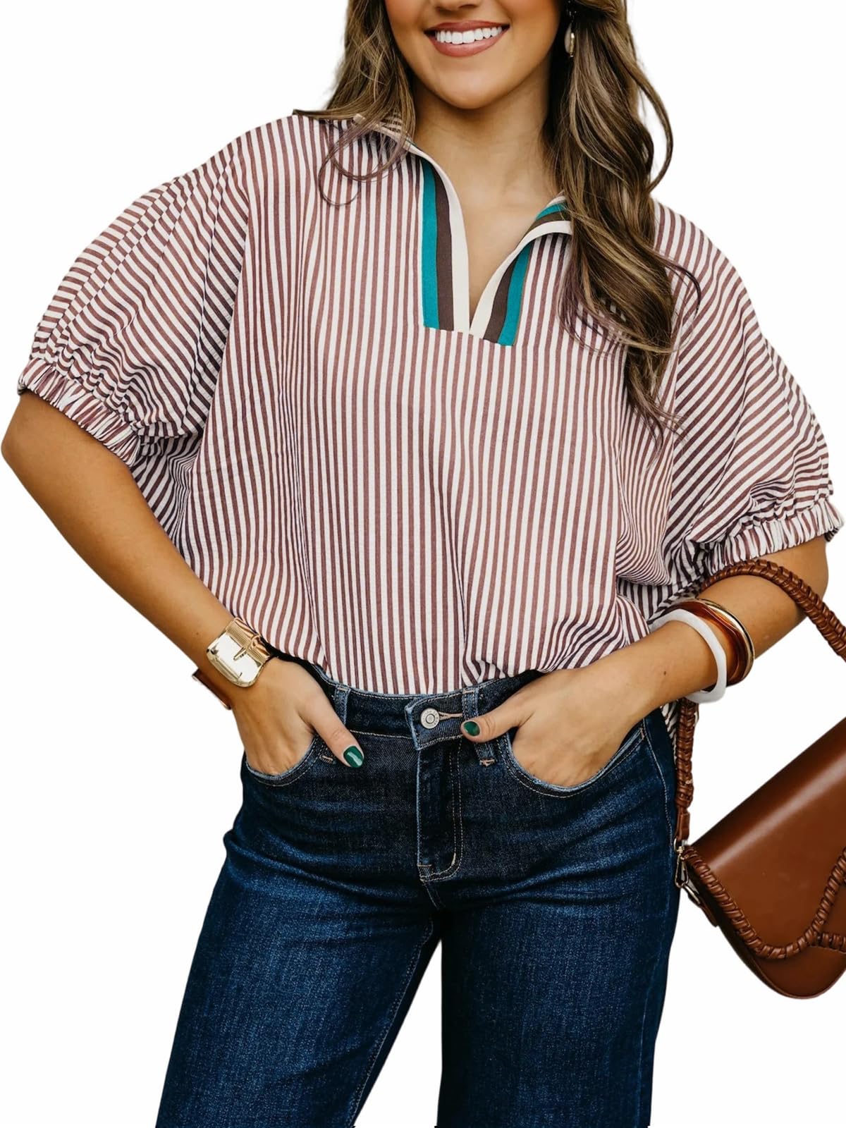 Women's Batwing Dolman Sleeve Top Summer Casual V Neck Striped Collared Shirt Oversized Blouses