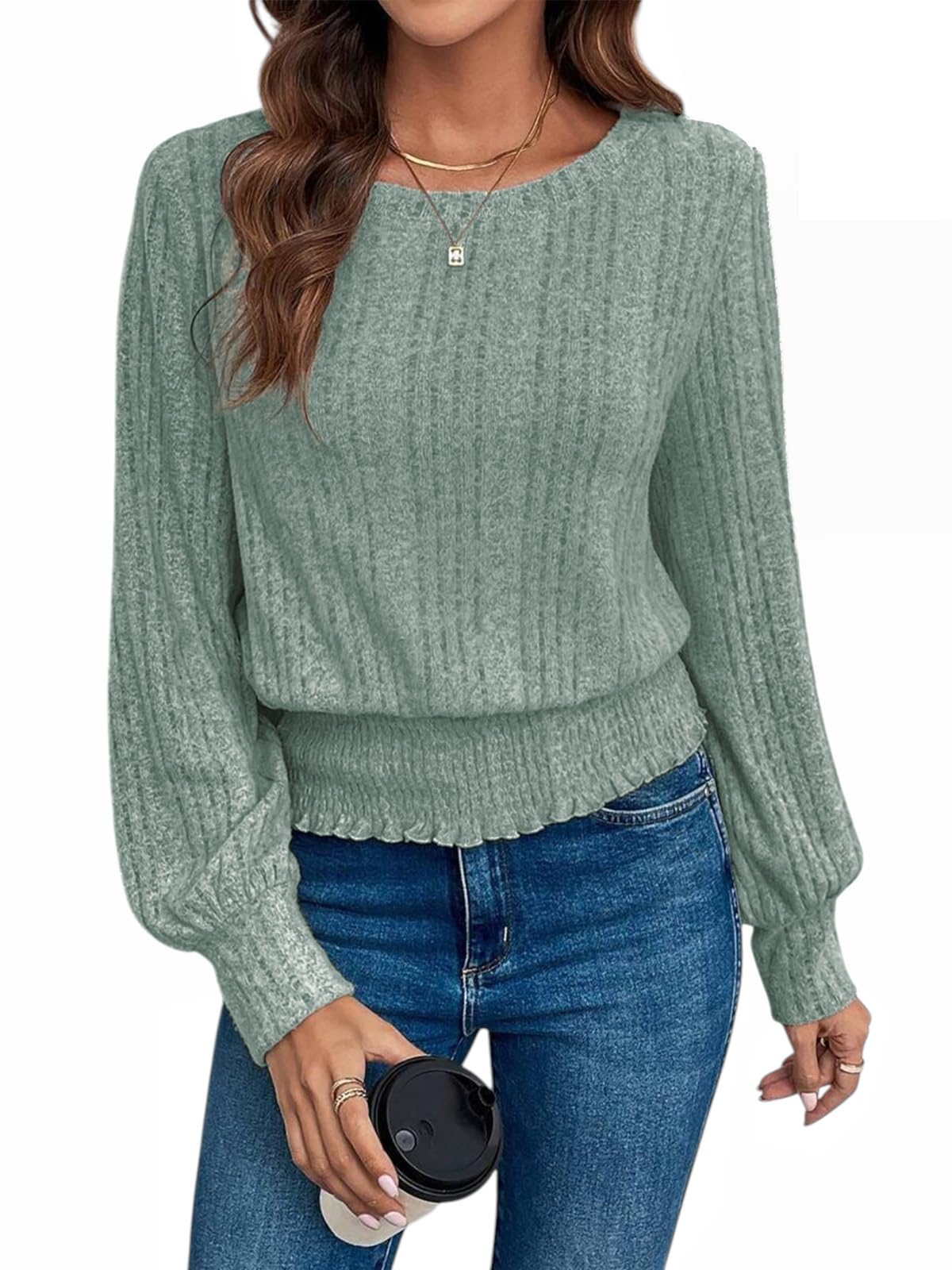 Casual Shirt for Women Long Sleeve Fall Tunic Tops Trendy Sweaters Smocked Waist Loose Fit Blouse