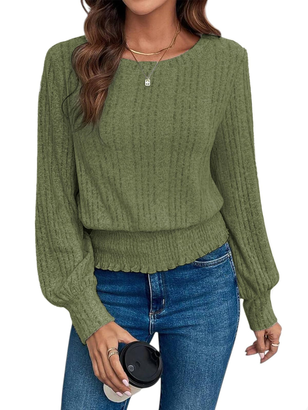 Casual Shirt for Women Long Sleeve Fall Tunic Tops Trendy Sweaters Smocked Waist Loose Fit Blouse
