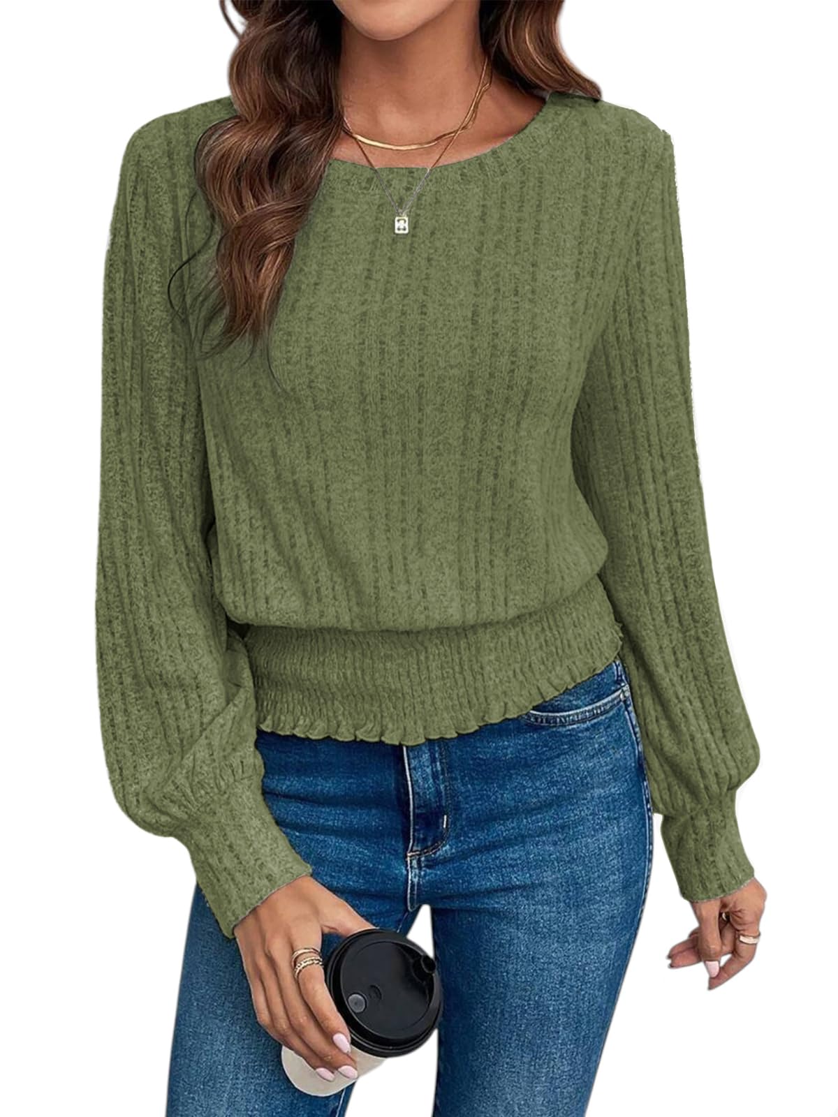 Casual Shirt for Women Long Sleeve Fall Tunic Tops Trendy Sweaters Smocked Waist Loose Fit Blouse