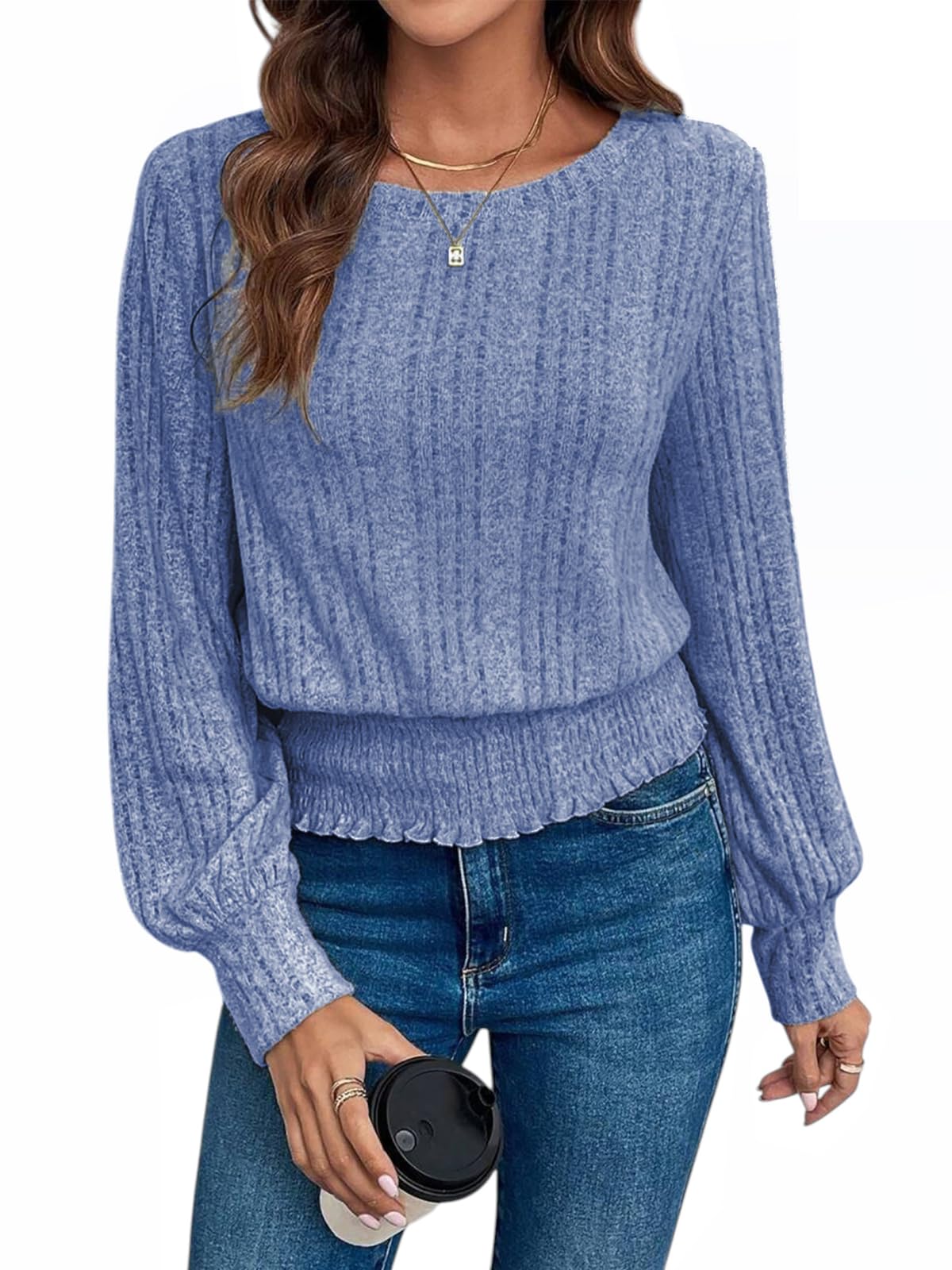 Casual Shirt for Women Long Sleeve Fall Tunic Tops Trendy Sweaters Smocked Waist Loose Fit Blouse
