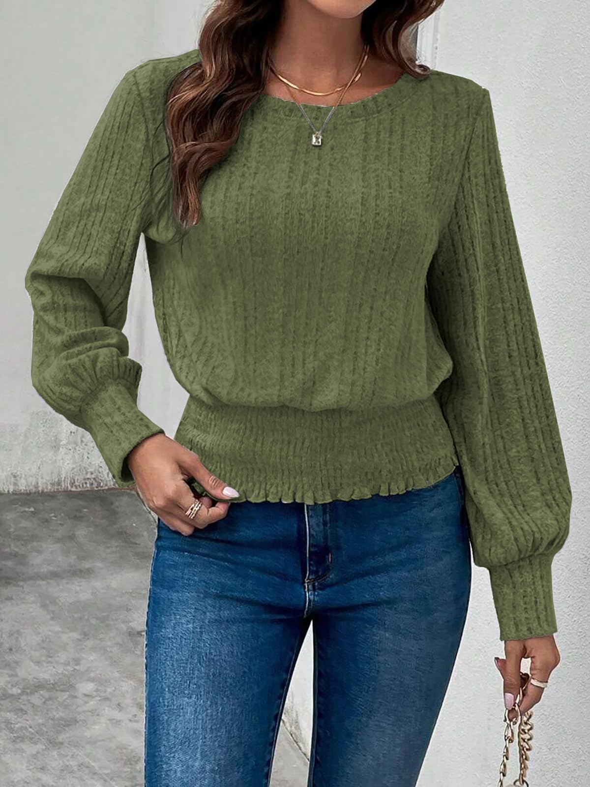 Casual Shirt for Women Long Sleeve Fall Tunic Tops Trendy Sweaters Smocked Waist Loose Fit Blouse