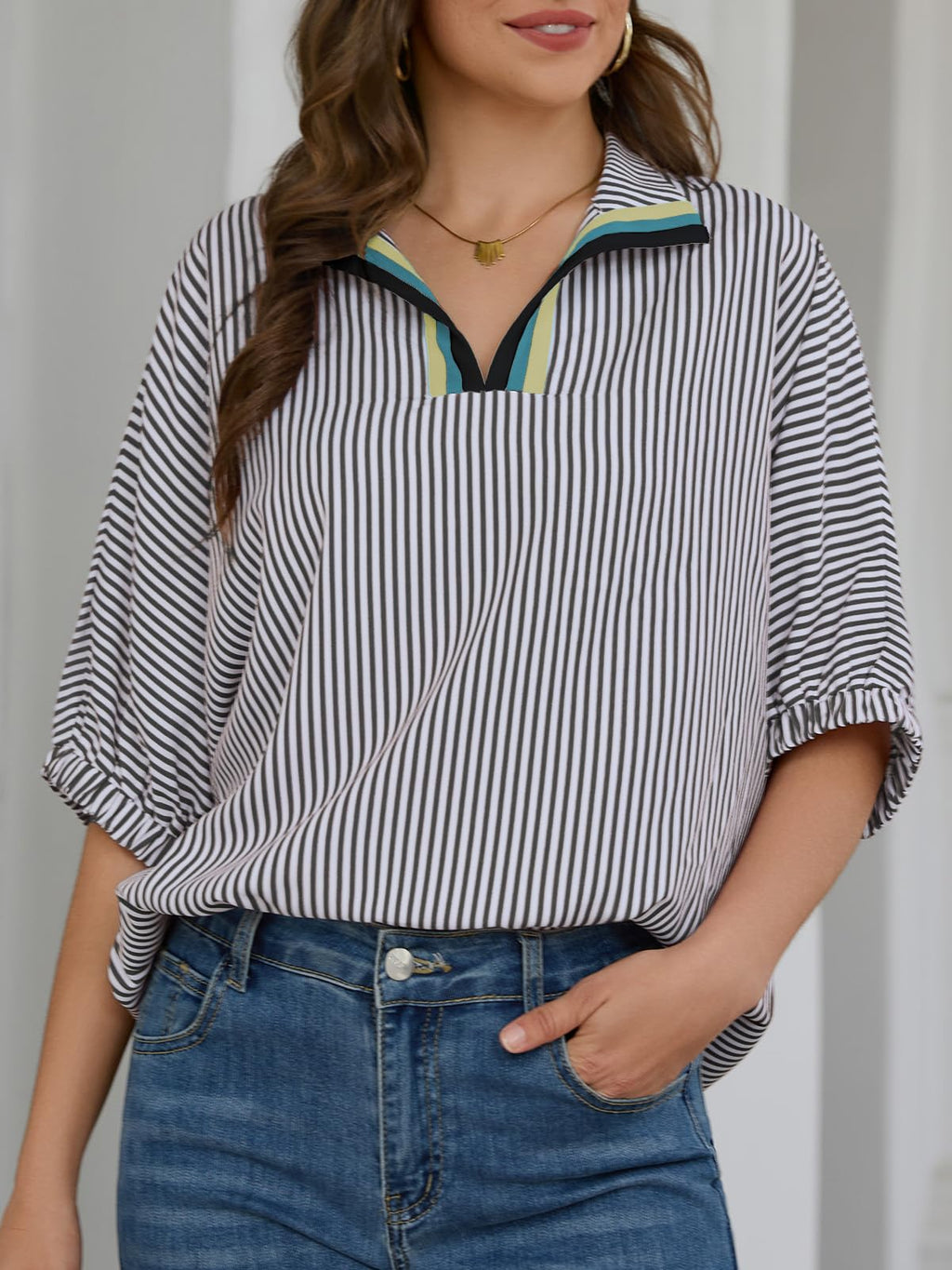 Women's Batwing Dolman Sleeve Top Summer Casual V Neck Striped Collared Shirt Oversized Blouses
