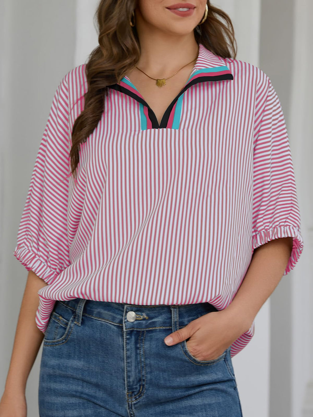 Women's Batwing Dolman Sleeve Top Summer Casual V Neck Striped Collared Shirt Oversized Blouses