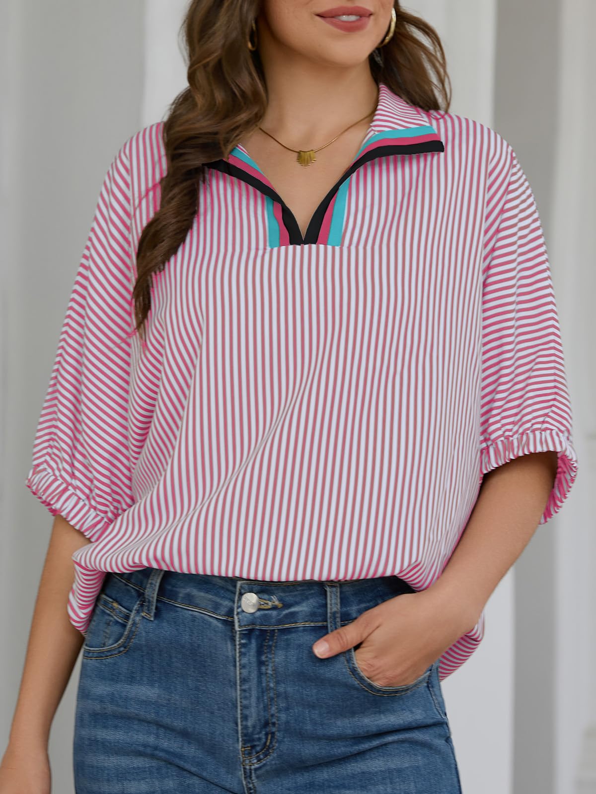 Women's Batwing Dolman Sleeve Top Summer Casual V Neck Striped Collared Shirt Oversized Blouses