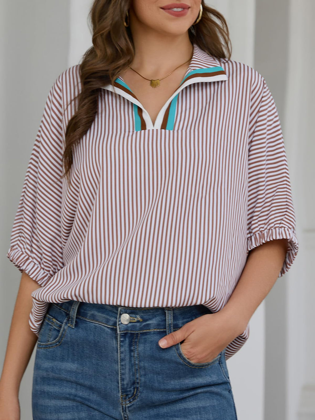 Women's Batwing Dolman Sleeve Top Summer Casual V Neck Striped Collared Shirt Oversized Blouses