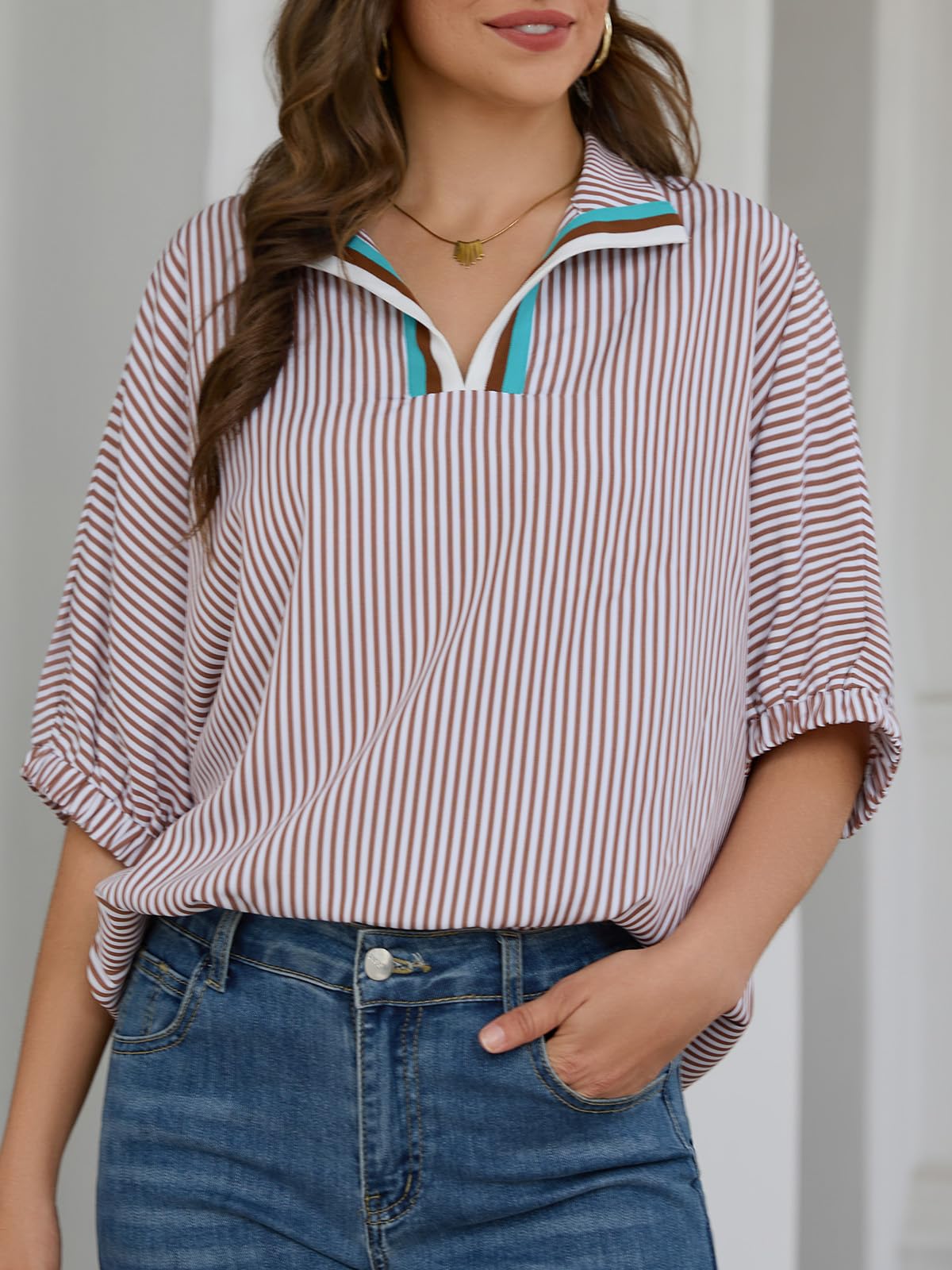 Women's Batwing Dolman Sleeve Top Summer Casual V Neck Striped Collared Shirt Oversized Blouses