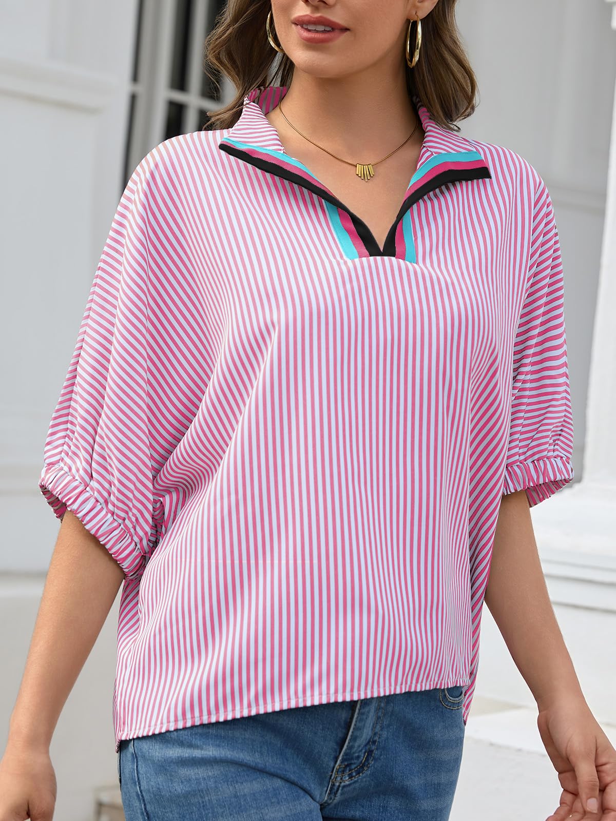 Women's Batwing Dolman Sleeve Top Summer Casual V Neck Striped Collared Shirt Oversized Blouses