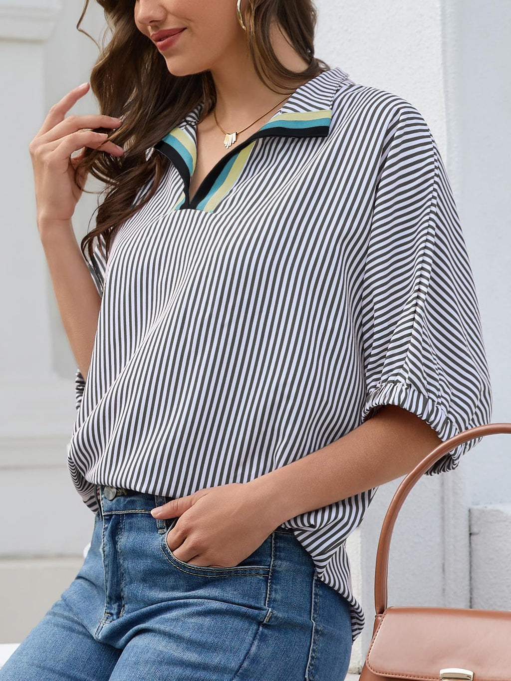 Women's Batwing Dolman Sleeve Top Summer Casual V Neck Striped Collared Shirt Oversized Blouses