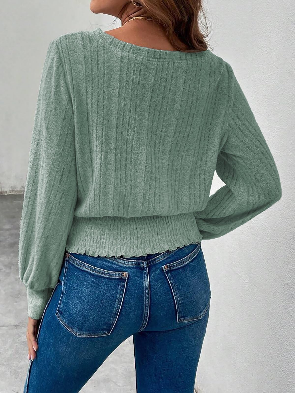 Casual Shirt for Women Long Sleeve Fall Tunic Tops Trendy Sweaters Smocked Waist Loose Fit Blouse