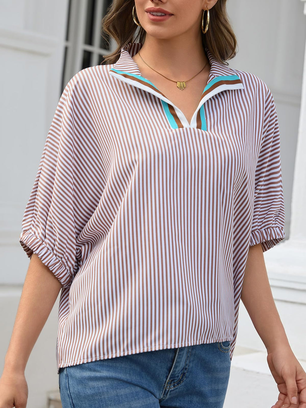 Women's Batwing Dolman Sleeve Top Summer Casual V Neck Striped Collared Shirt Oversized Blouses