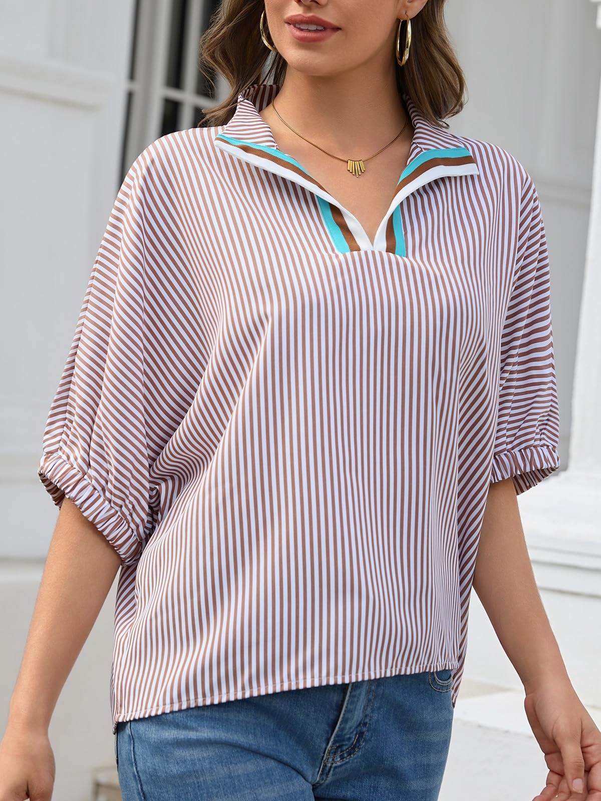 Women's Batwing Dolman Sleeve Top Summer Casual V Neck Striped Collared Shirt Oversized Blouses