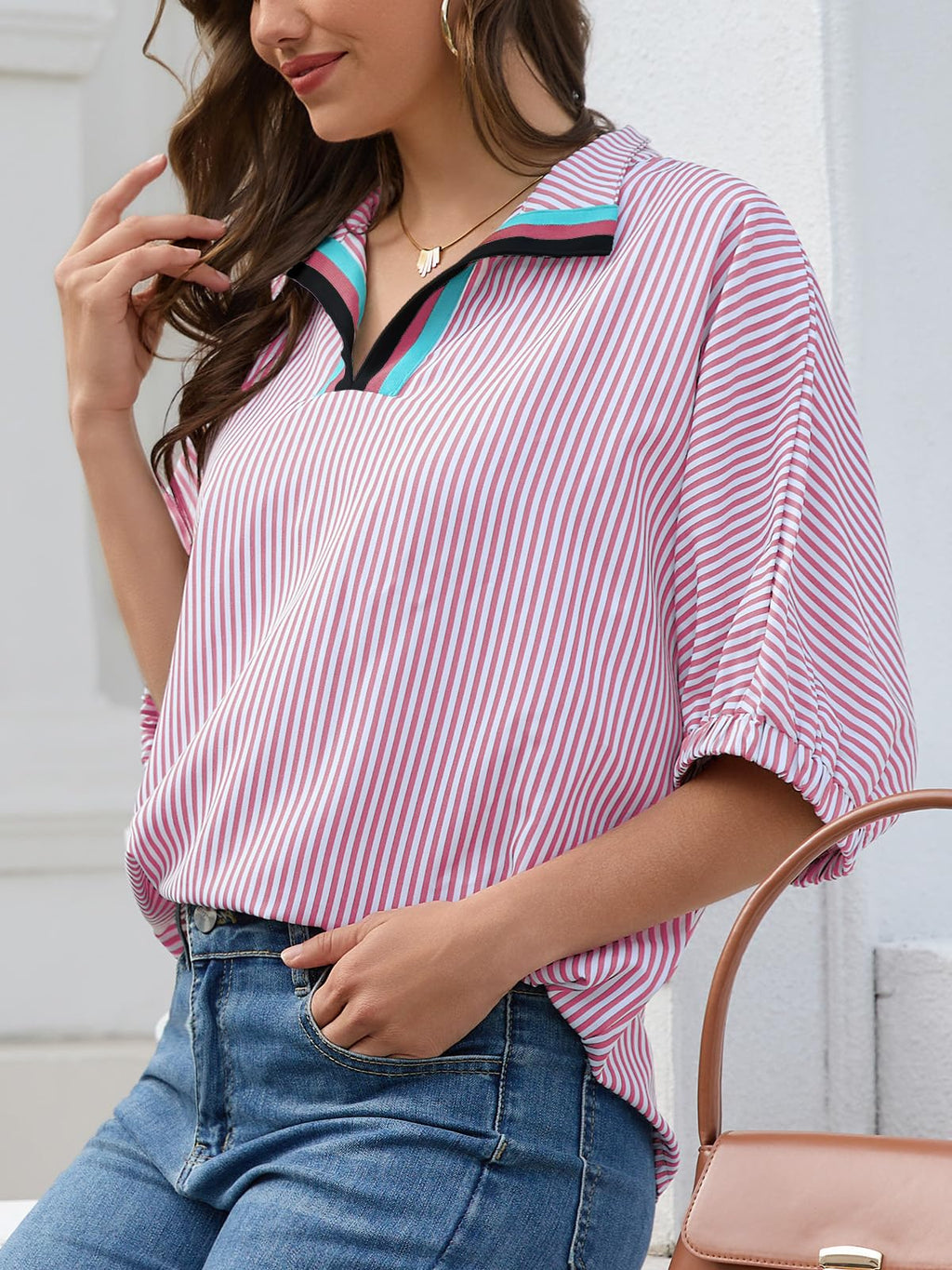 Women's Batwing Dolman Sleeve Top Summer Casual V Neck Striped Collared Shirt Oversized Blouses