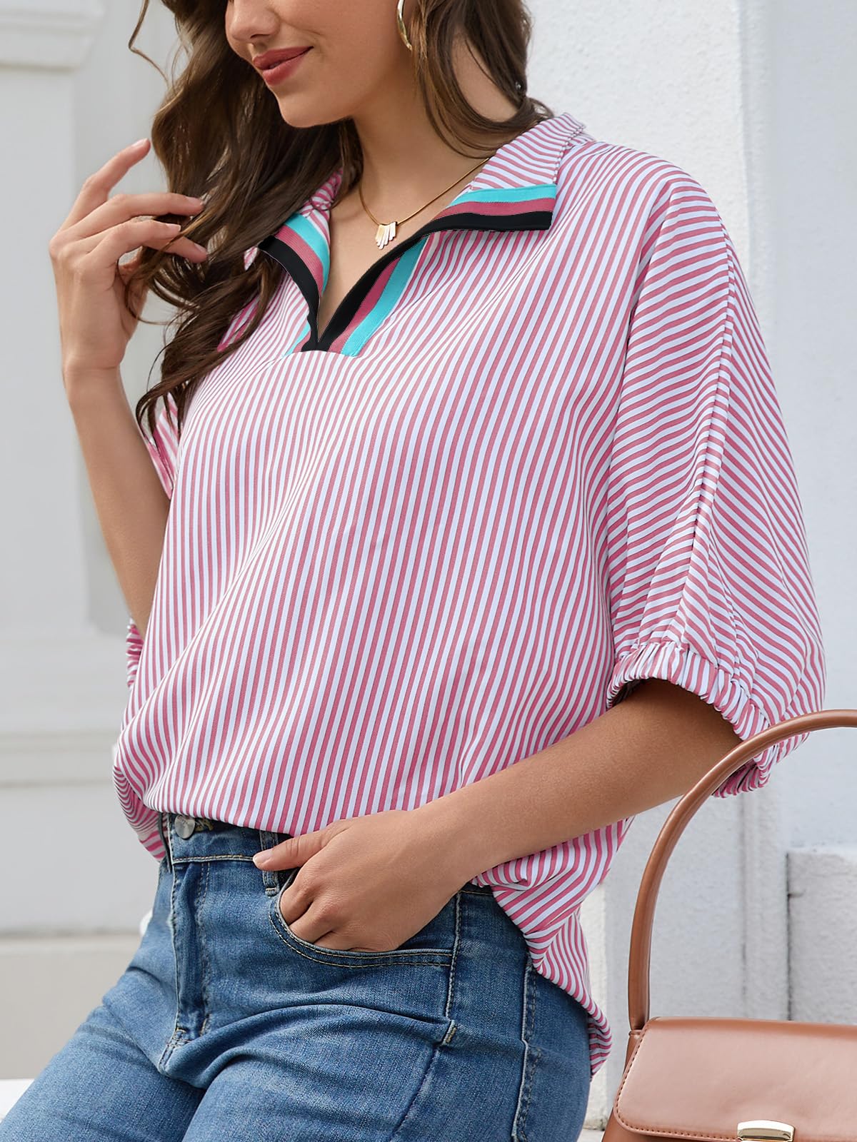 Women's Batwing Dolman Sleeve Top Summer Casual V Neck Striped Collared Shirt Oversized Blouses