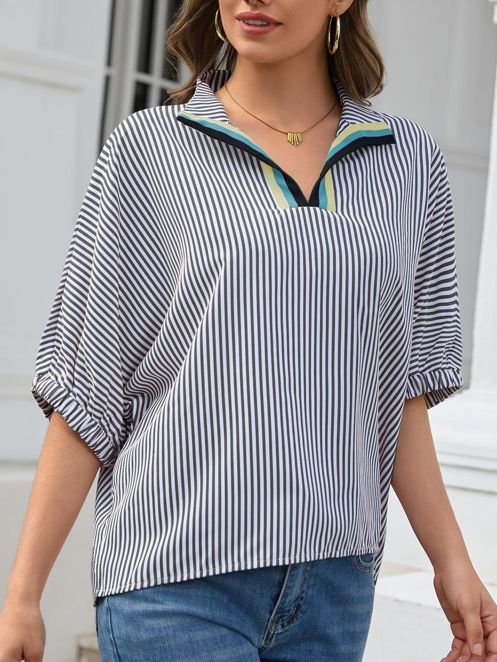 Women's Batwing Dolman Sleeve Top Summer Casual V Neck Striped Collared Shirt Oversized Blouses