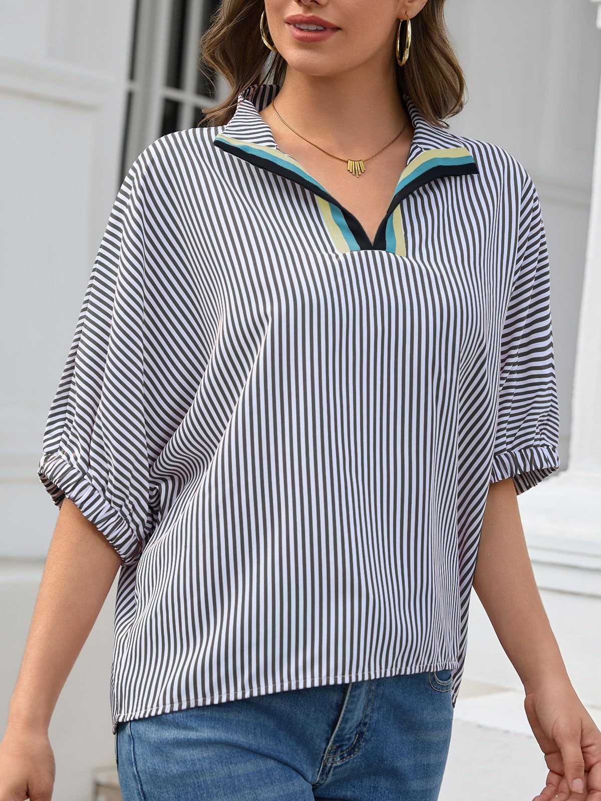 Women's Batwing Dolman Sleeve Top Summer Casual V Neck Striped Collared Shirt Oversized Blouses
