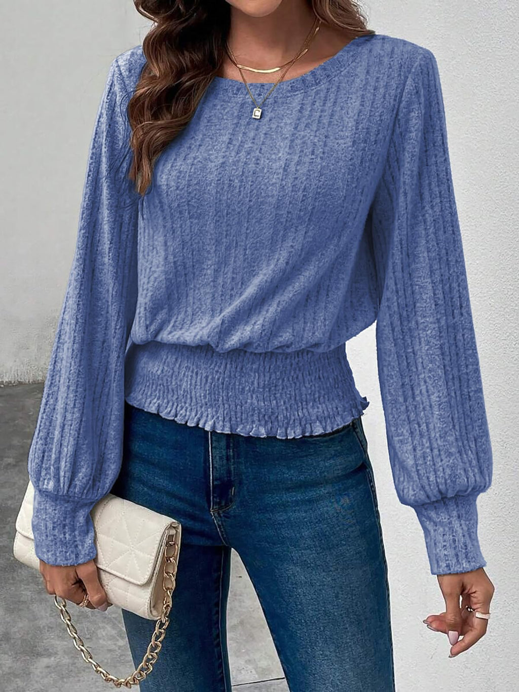 Casual Shirt for Women Long Sleeve Fall Tunic Tops Trendy Sweaters Smocked Waist Loose Fit Blouse
