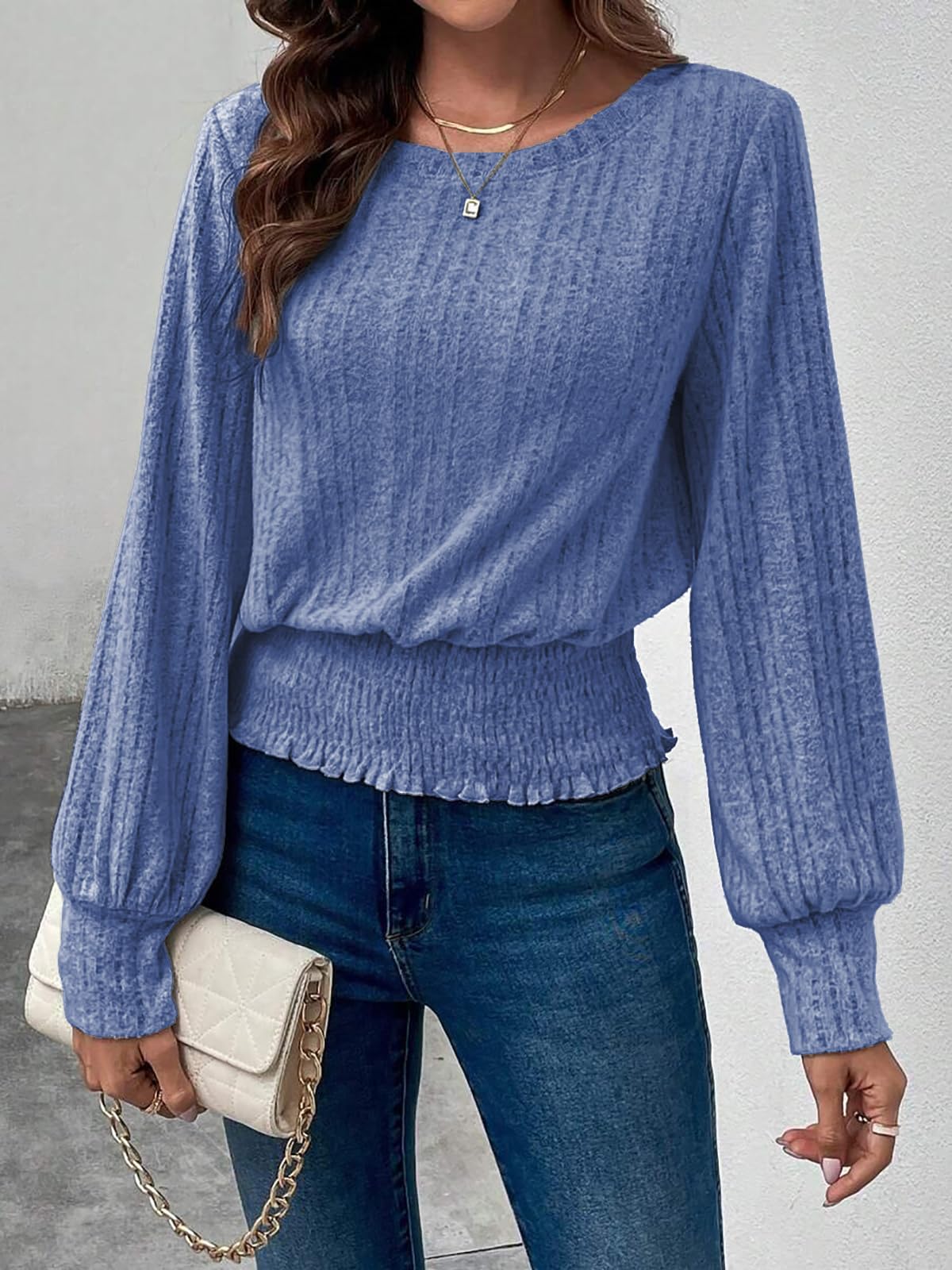 Casual Shirt for Women Long Sleeve Fall Tunic Tops Trendy Sweaters Smocked Waist Loose Fit Blouse