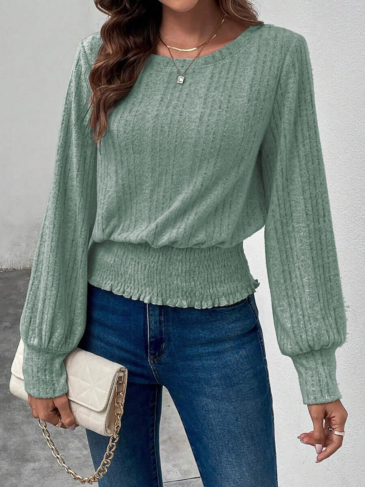 Casual Shirt for Women Long Sleeve Fall Tunic Tops Trendy Sweaters Smocked Waist Loose Fit Blouse