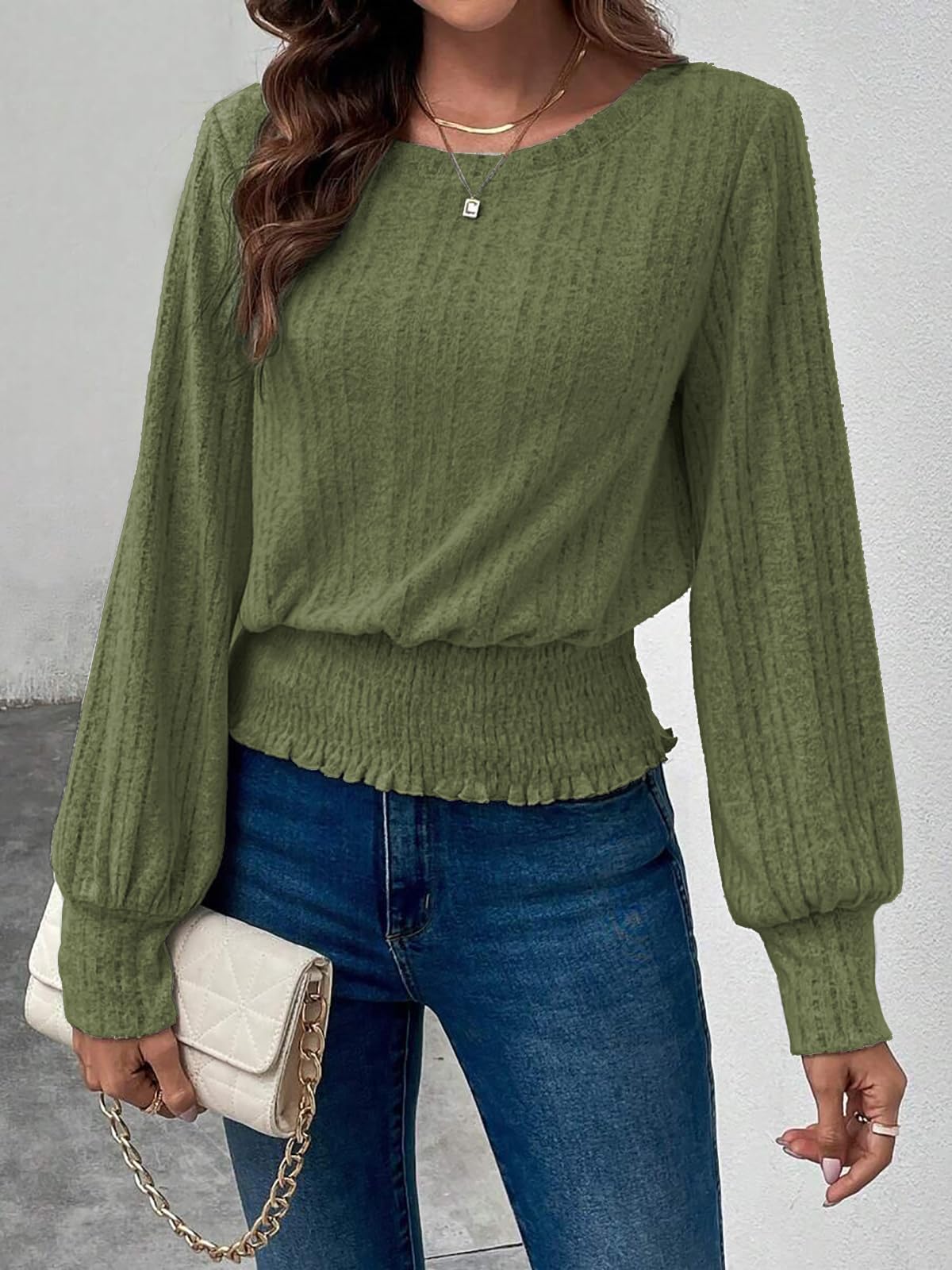 Casual Shirt for Women Long Sleeve Fall Tunic Tops Trendy Sweaters Smocked Waist Loose Fit Blouse